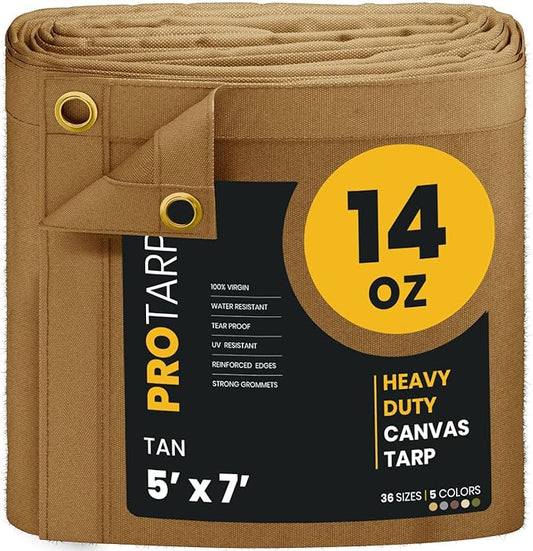 PROTARP Heavy Duty 14 OZ Water Resistant Canvas Tarp, UV Resistant Tarpaulin Cover with Rustproof Brass Grommets, Multipurpose for Canopy, Roof, Camping, Woodpile (Tan 5'X7')