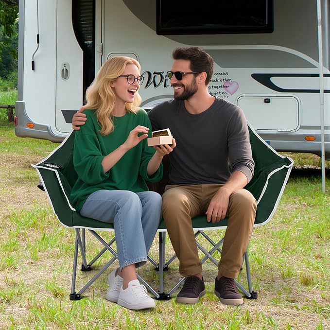 Tangkula 2 Person Camping Chair, Portable Oversized Outdoor Folding Camp Chair Loveseat with Padded Seat, Cup Holder, Carry Bag, Heavy Duty Lawn Chair for Beach, Fishing, Travel (2-Person,Green)