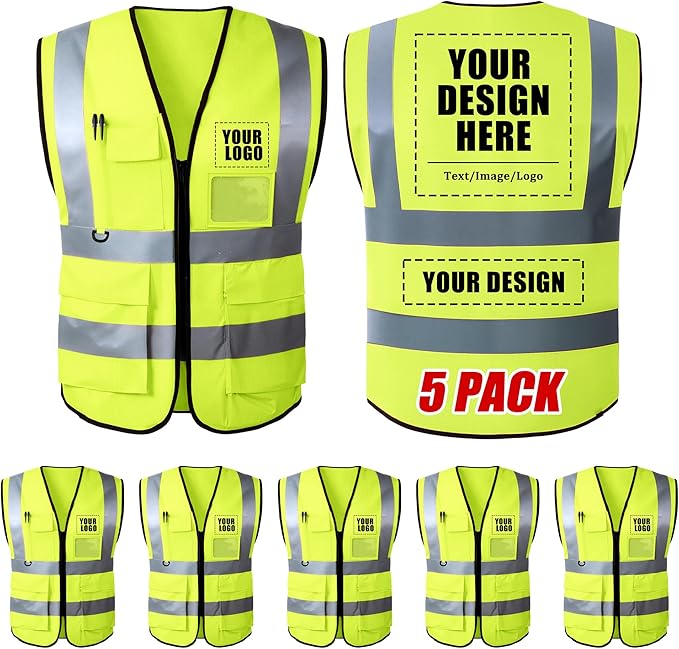 Custom Safety Vest with Logo, High Visibility Reflective Personalized Vest with Pockets for Men Women Construction