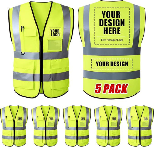 Custom Safety Vest with Logo, High Visibility Reflective Personalized Vest with Pockets for Men Women Construction
