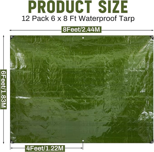 12 Pack 6 x 8 ft 5.5 Mil Large Tarps Heavy Duty Waterproof Tarp Multi Purpose Tent Cover for Home Boats Cars Camping Patio Furniture Roof Emergency Rain Protective Cover, Army Green
