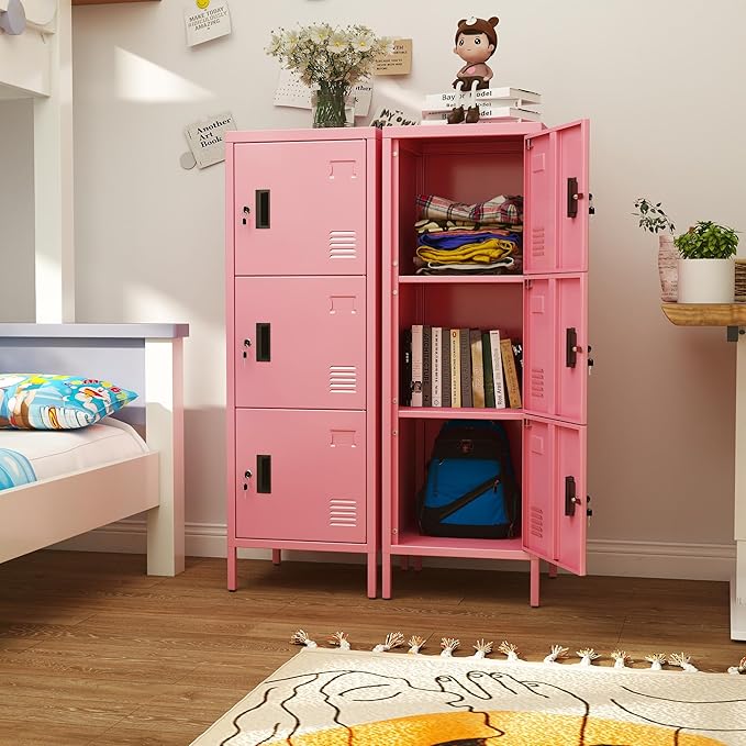 Aobabo Metal Locker, 16" W 3 Door Metal Storage Lockers for Employees with Lock and Name Card Holder for School, Home, Office, Playroom, Assembly Required, Pink
