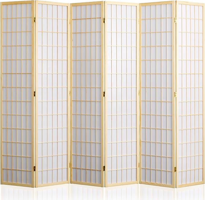 WelFurGeer 6 Panel Room Divider, Folding Privacy Shoji Screens, Room Partitions and Dividers, Decorative Room Dividers, Wall Dividers for Room Separation, Japanese Wood Room Divider for Home (Natural)