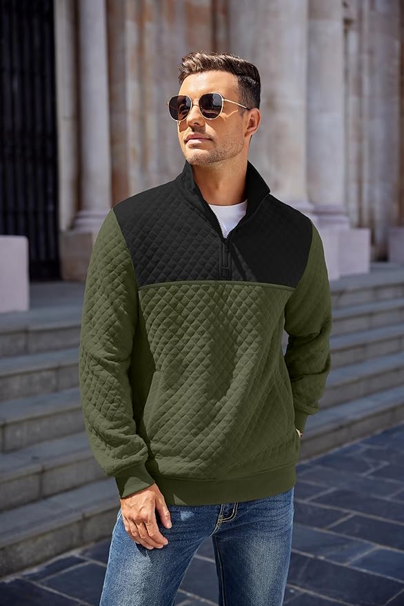COOFANDY Mens Quarter Zip Pullover Quilted Sweatshirt Knit Long Sleeve Mock Neck Sweater Polo with Pocket