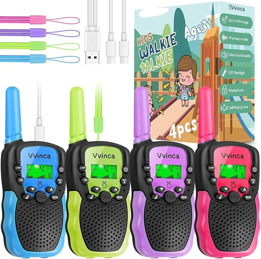 Vvinca Walkie Talkies for Kids Rechargeable 4 Pack, 3 Mile Walkie Talkie Long Range, Christmas Birthday Gift for Age 3-12 Boy Girl with Flashlight 22CH 2 Way Radio for Adventure Camping Outdoor Hiking