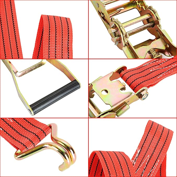 HNBun 4 Pack Ratchet Tie Down Straps, 2 Inch x 20 Feet, 10,000 lbs Break Strength, Heavy Duty Cargo Lashing Straps with Double J Hooks for Trailer, Truck, and Farm Equipment, Red