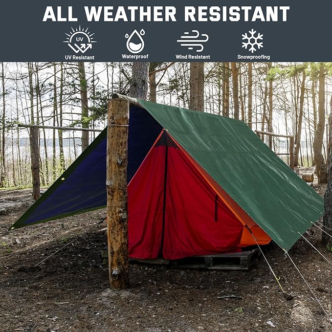 Kesfitt Tarp Heavy Duty Waterproof 8x10FT,16 Mil Thick Tarps Tear&Fade Resistant,UV Resistant,Poly Tarp Cover with Grommets and Reinforced Edges for Outdoor Camping Pools Boat Car(Green/Blue)