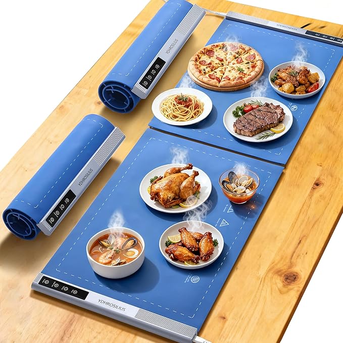 Warming Mat for Food,Food Warming Mat,2 Pack Electric Food Warmer Mat with Graphene Heating Tech, 3 Temperature Settings & 15 Timer Modes, Child Safety Lock, Silicone Heating Pad for Buffets Party