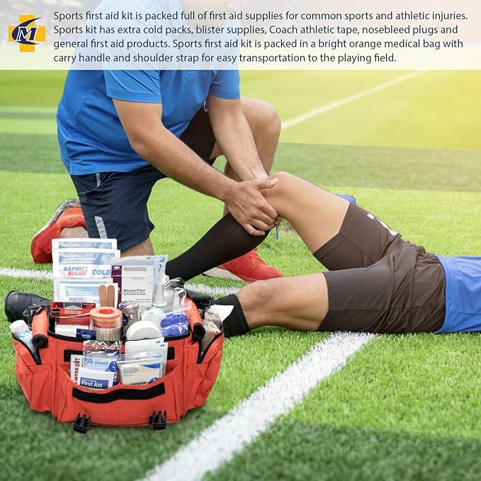 MFASCO Deluxe Trainers Sports First Aid Kit – 311-Piece Emergency Sports Kit – Athletic Medical Kit for Coaches, Soccer, Football & Outdoor Teams – Orange Bag with First Aid Supplies for Athletes