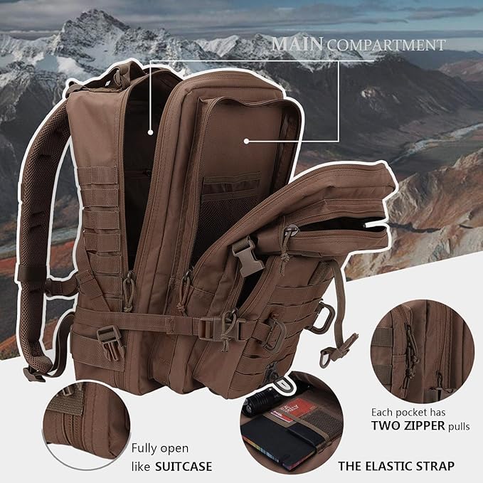 MOLLE Assault Backpack, Tactical Backpack Military Army Camping Rucksack, 3-Day Pack Trip w/USA Flag Patch, D-Rings, Dark Brown