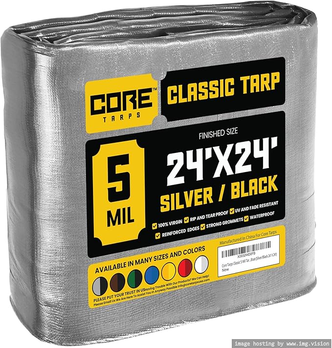 Core Tarps Classic 5 Mil Tarp Cover, Waterproof, UV Resistant, Rip and Tear Proof, Poly Tarpaulin with Reinforced Edges for Roof, Camping, Patio, Pool Cover, Boat (Silver/Black 24′ X 24′)