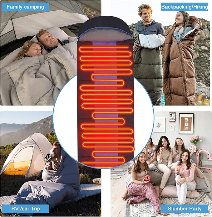 Heated Sleeping Bag for Adults, Electric Warm Bag with 3 Adjustable Heating Levels, USB Powered Heating Pads Adjustable Hood, 0 Degree Sleeping Bag Keep Warm for Cold Weather Camping Outdoor Hiking