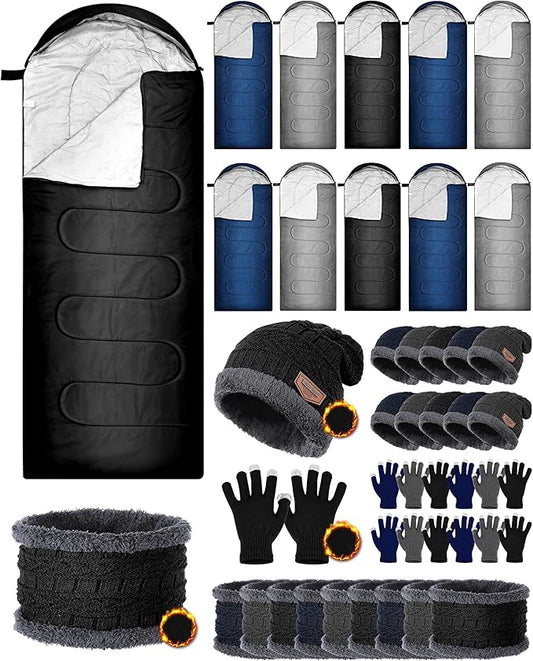 40 Pcs Bulk Sleeping Bags Adult for Homeless, Sleeping Bags Cold Weather Waterproof with Winter Hats Gloves Scarves and Mittens for Camping Emergency Use