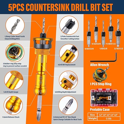 Countersink Drill Bits Set with Depth Stop (1/8", 9/64", 5/32",3/8”,1/2”), Quick Change Hex Shank Countersink Drill with Phillips Bit for Wood, Plastic, Woodworking