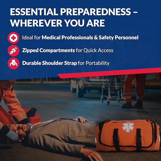 First Responder Trauma First Aid Kit Bag – Fully Stocked Emergency Medical Kit for Workplace, Vehicle & Home – OSHA & ANSI Compliant – Portable – Orange