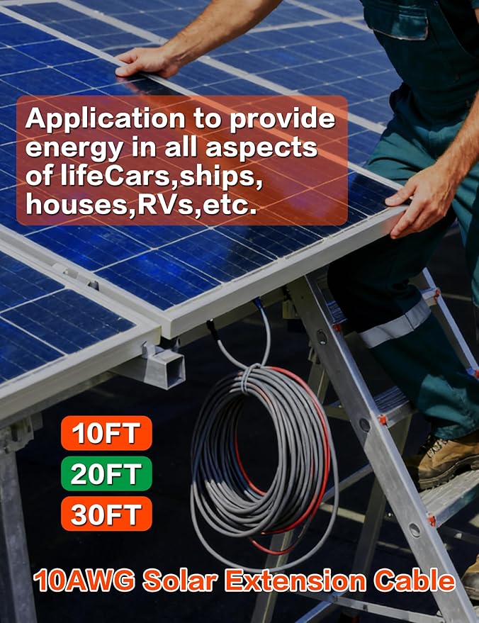 20Feet 10AWG Solar Extension Cable with Female & Male Connectors 6mm Solar Panel Weatherproof Wires for Solar Panels RV Marine Camper Ferry Black & Red PV Tinned Copper Extension Cord Kit