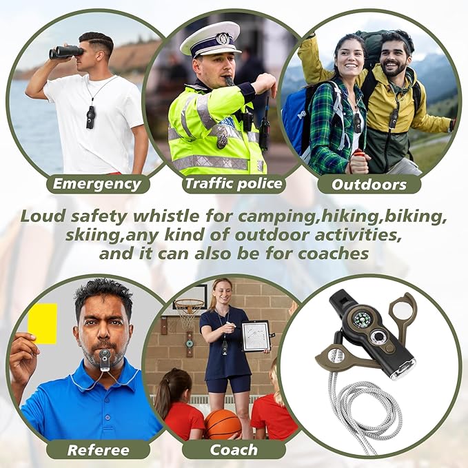 12 Pack Emergency Survival Whistle 7-in-1 Compass Hiking Survival Safety Whistle with Lanyard Outdoor Multifunctional Tool Ideal for Hiking Camping Rescue Signaling