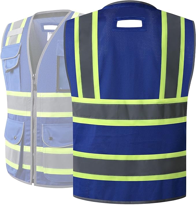 JKSafety 11 Pockets Hi-Vis Blue Mesh Safety Vest for Men Women High Visibility Reflective Construction with Zipper Work Utility PPE Work Gear ANSI/ISEA compliant (102-Blue 5XL)