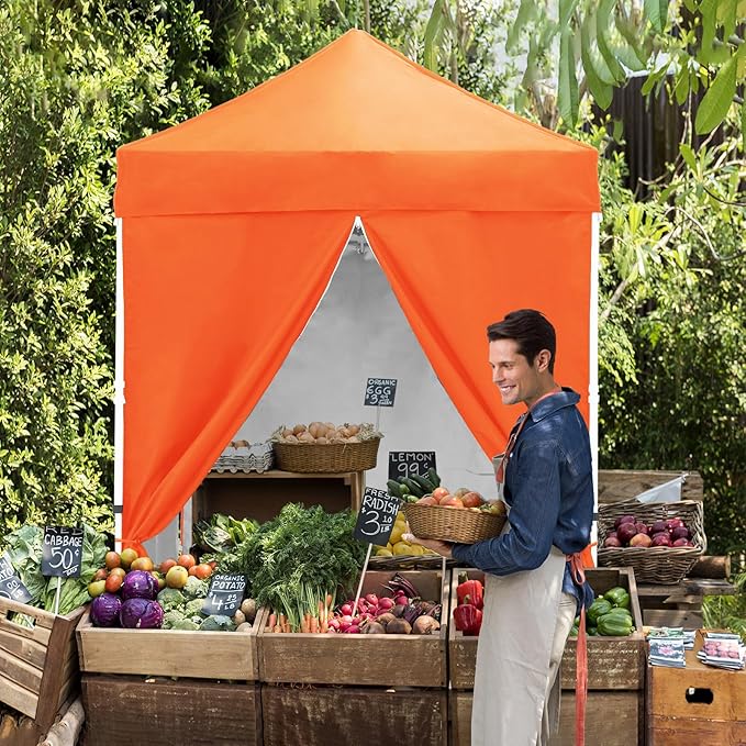 EAGLE PEAK 5x5 Instant Canopy with 4-Side Wall Panels, Small Pop up Portable Canopy Tent with Carry Bag, Light Weight Sun Shelter for Sports, Camping and Beach, Orange