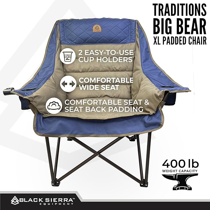 Black Sierra Deluxe Padded Camping Chair for Sports & Outdoors, Oversize XL Outdoor Folding Chair Supports 400 lbs, Heavy Duty Seat w/Dual Cup Holders/Carry Bag Perfect for RV, Tailgating, Glamping