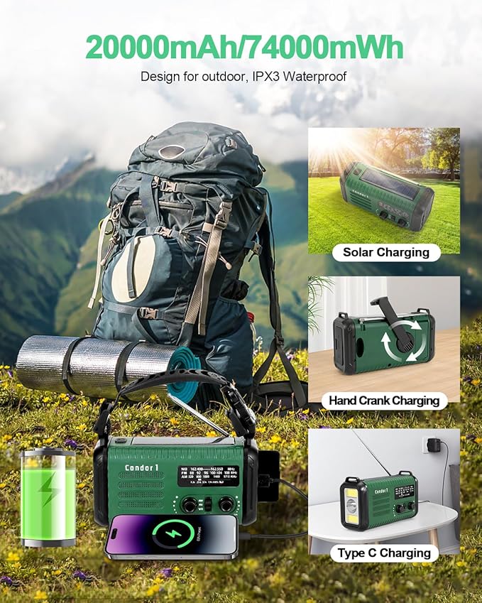 Emergency Crank Radio, 20000mAh / 74000mWh Solar Hand Crank Weather Radio with NOAA/AM/FM, Battery Powered Radio with Cell Phone Charger, Reading Lamp, Flashlight & SOS for Emergencies/Home (Green)