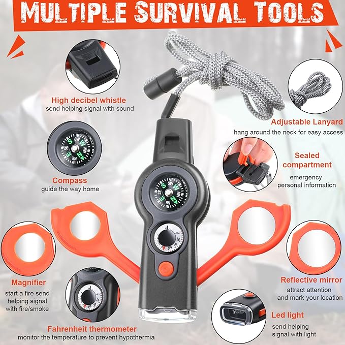 12 Pack Emergency Survival Whistle 7-in-1 Compass Hiking Survival Safety Whistle with Lanyard Outdoor Multifunctional Tool Ideal for Hiking Camping Rescue Signaling