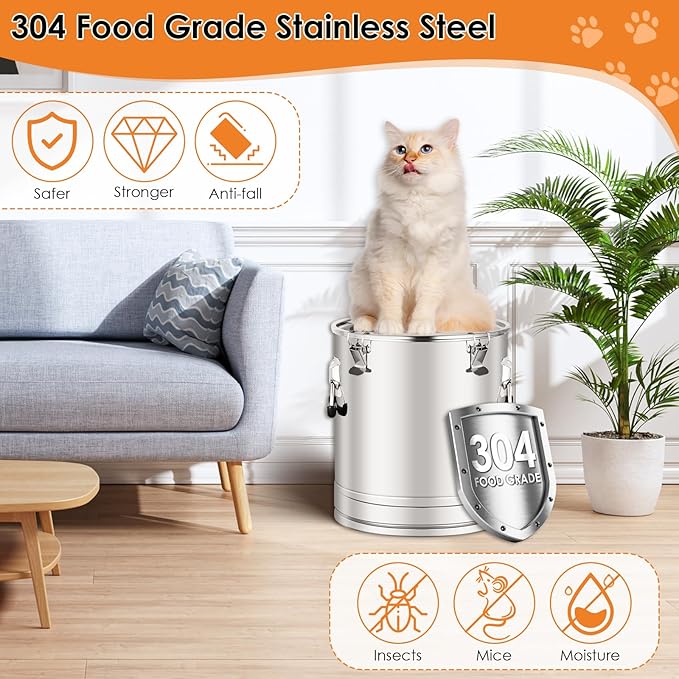 Stainless Steel Dog Food Storage Container,30LB/35LB Airtight Dog Food Storage Container with Lid to Keep Fresh,Easy Clean Large Pet Food Storage Container with Scoop for Cat Food,Chicken Feed,Rice