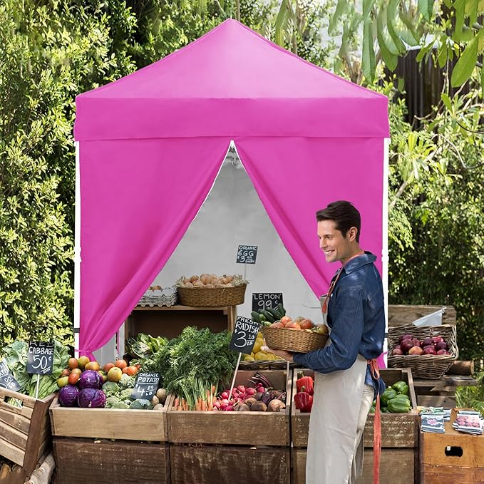 EAGLE PEAK 5x5 Instant Canopy with 4-Side Wall Panels, Small Pop up Portable Canopy Tent with Carry Bag, Light Weight Sun Shelter for Sports, Camping and Beach, Pink