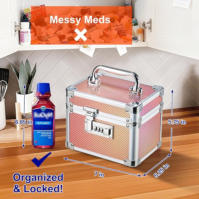 Adazzo Lockable Storage Box - Shiny Gold Medicine Med Lock Box, 7 * 5.25 * 5.75 Inches Safe Case with Combination Lock for Home, Dorm, Office, or Travel - Mini Size