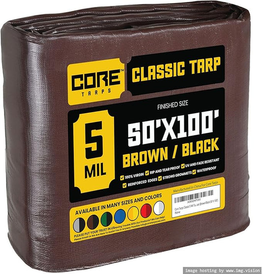 Core Tarps Classic 5 Mil Tarp Cover, Waterproof, UV Resistant, Rip and Tear Proof, Poly Tarpaulin with Reinforced Edges for Roof, Camping, Patio, Pool Cover, Boat (Brown/Black 50′ X 100′)
