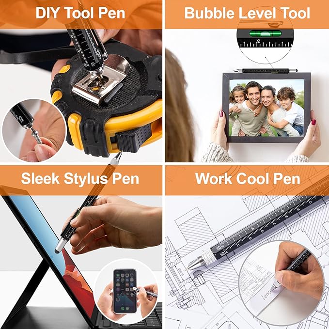 Magnetic Pickup Tool and 6 in 1 Multitool Pen with Touch Screen Stylus, Rulers, Bubble Level, Flathead, Phillips Screwdriver, Ballpoint Pen, Christmas Gifts Stocking Stuffers for Men, Teen Boys, 2Pack