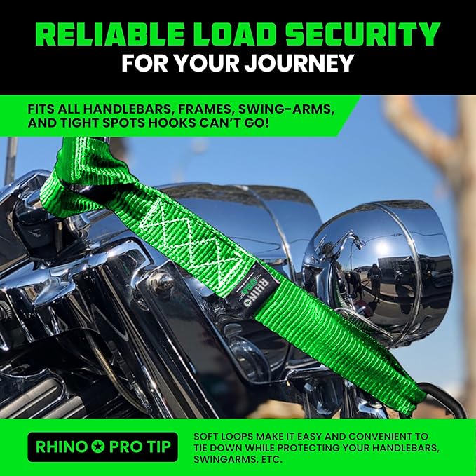 Rhino USA Soft Loop Tie Down Straps (4-Pack) - 1.6 Inch x 17 Inch (5,000 lbs Break Strength) Heavy Duty Motorcycle Handlebar Straps for use with Ratchets for ATV, UTV, Dirt Bike (Green)