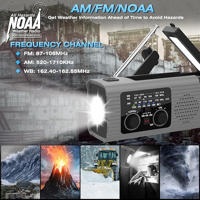 Emergency Radio 4000mAh Solar Hand Crank AM/FM/NOAA Portable Weather Radio with Phone Charger, LED Flashlight, Reading Lamp, SOS Alarm, Headphone Jack for Indoor Outdoor Emergency, USB Charged