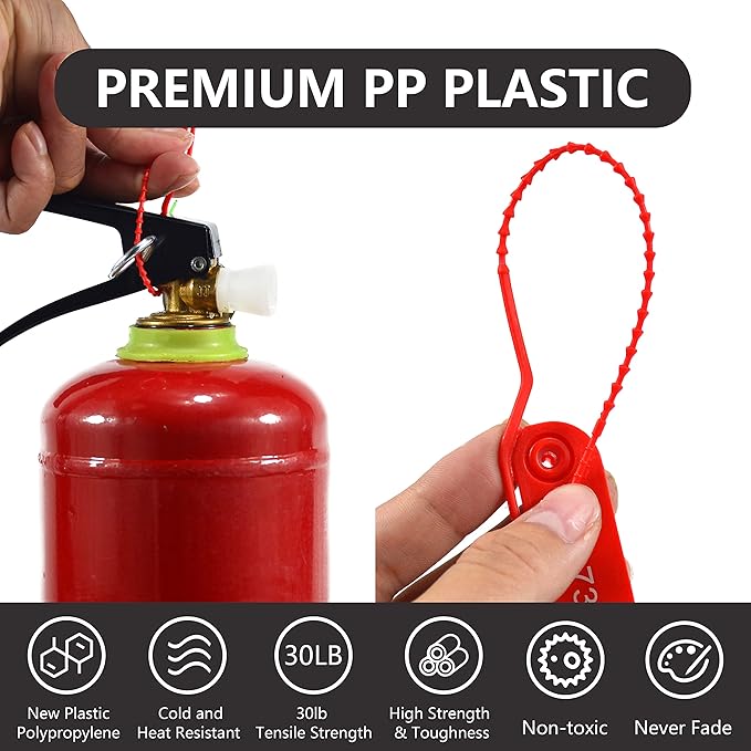 100 Plastic Security Seals Secure Anti-Tamper Fire Extinguisher Tags Numbered Zip Ties Inspection Tags Breakaway Label Tags Pull Tite Safey Tags for Bags, Clothes (Red)