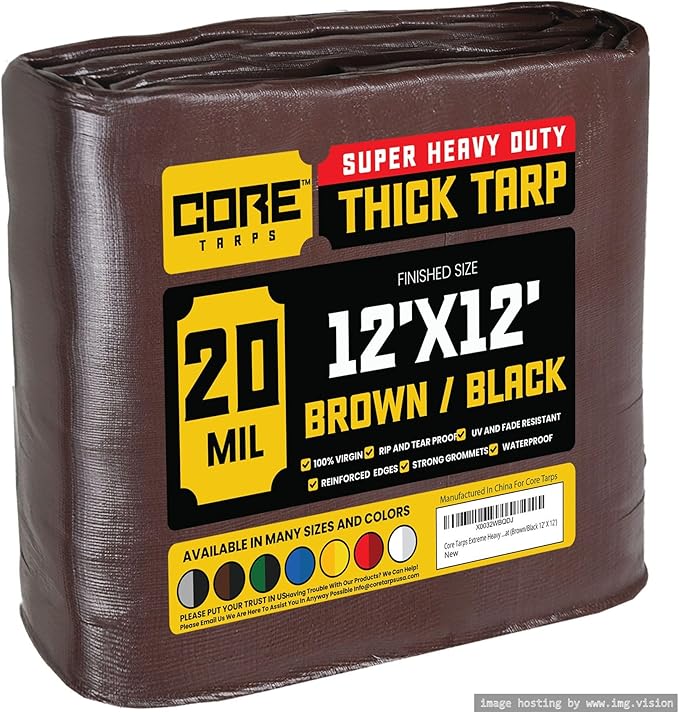 Core Tarps Extreme Heavy Duty 20 Mil Tarp Cover, Waterproof, UV Resistant, Rip and Tear Proof, Poly Tarpaulin with Reinforced Edges for Roof, Camping, Patio, Pool, Boat (Brown/Black 12′ X 12′)