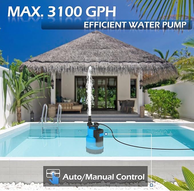 FLUENTPOWER 3/4HP Submersible Sump Pump 3100GPH Utility Water Pump, Auto/Manual Control by Integrated Float Switch, with 16.4 Ft Cord for Pool Tub Garden Pond Flooded Basement Draining