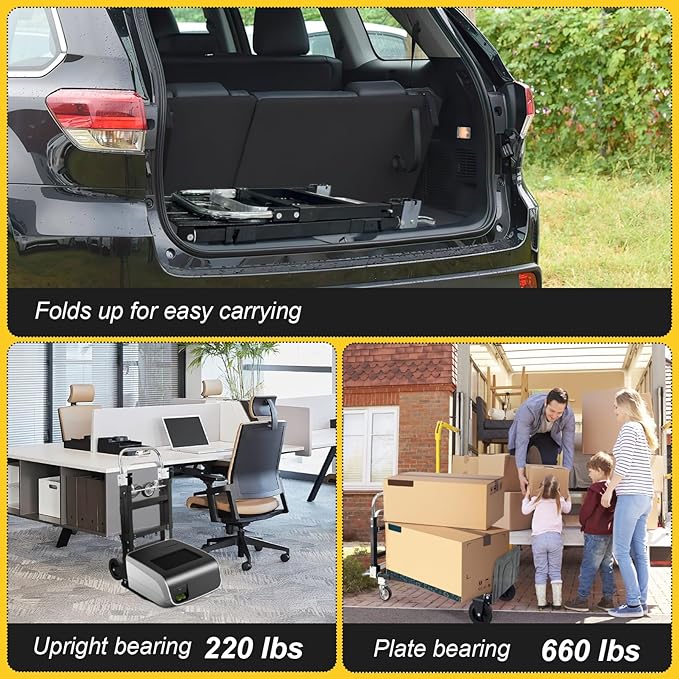 3-in-1 Aluminum Hand Truck Dolly, 600 lbs Heavy Duty Folding Trolley with Universal Wheels, Convertible Hand Truck with Tie Down Straps for Warehouse, Supermarket, Office (Black)