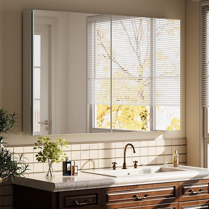 Bathroom Medicine Cabinet with Mirror, 40 Inch x 26 Inch Bathroom Mirror Cabinet with Double Door & Adjustable Shelves, Surface Mount or Recess Installation