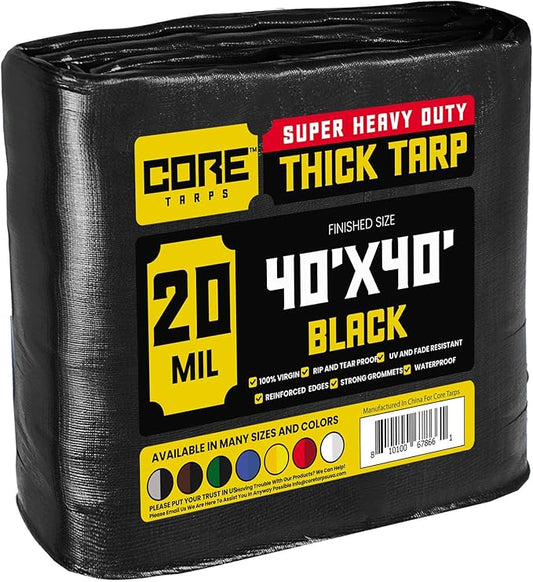 Core Tarps Extreme Heavy Duty 20 Mil Tarp Cover, Waterproof, UV Resistant, Rip and Tear Proof, Poly Tarpaulin with Reinforced Edges for Roof, Camping, Patio, Pool, Boat (Black 40′ X 40′)
