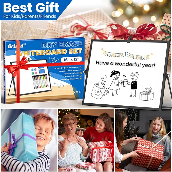 Grtard Dry Erase Magnetic White Board, 16''x12'' Double-Sided Desktop Whiteboard with Stand, Portable Small Whiteboard Set, Dry Erase Board for Drawing, ToDo, Office, Home, School(Black)