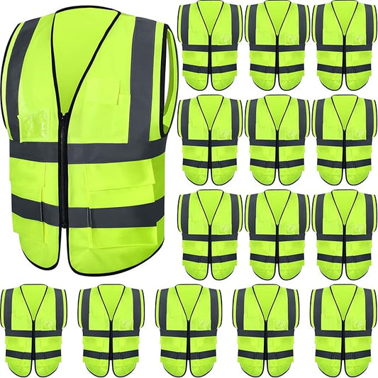 JaGely 15 Pack Reflective Safety Vests with Pockets and Zipper Construction Work High Visibility Vest for Men Women(X-Large,Fluorescent Green)