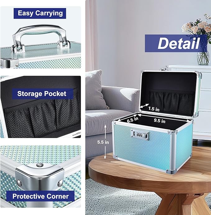 Adazzo Lockable Medicine Storage Box - Turquoise Cabinet Med Lock Organizer, 10 x 7 x 9 Inches Safe Med Case with Lock for Home, Dorm, Office, or Travel