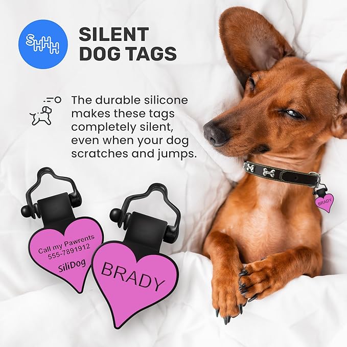 SiliDog - The Original Silicone Silent Dog Tag - Personalized Engraved Soundless Pet ID - As Seen On Shark Tank - Durable - Never Fades - Heart - Purple
