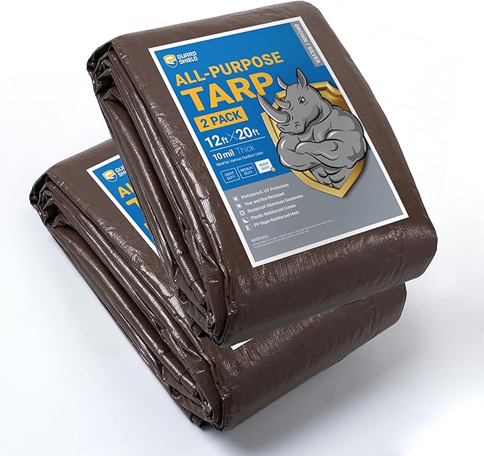 GUARD SHIELD Tarps Heavy Duty Waterproof 12x20 Feet Brown/Silver Poly Tarp Cover Outdoor Thick UV Resistant Tarpaulin with Grommets 10mil (2-Pack)