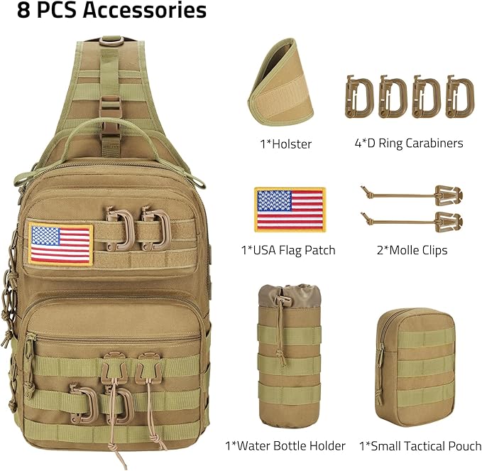 CVLIFE Tactical Sling Bag Backpack for Men Military Shoulder Sling Bag Molle Army Assault Detachable Tactical Bag with Bottle Holder Concealed Carry Daily Day Pack Work Bag for EDC Hiking, Khaki