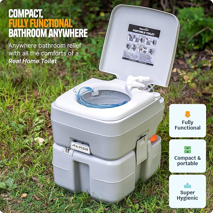 Alpcour Portable Toilet – Compact Indoor & Outdoor Commode w/Travel Bag for Camping, RV, Boat – Piston Pump Flush, Built-in Pour Spout & Washing Sprayer for Easy Cleaning