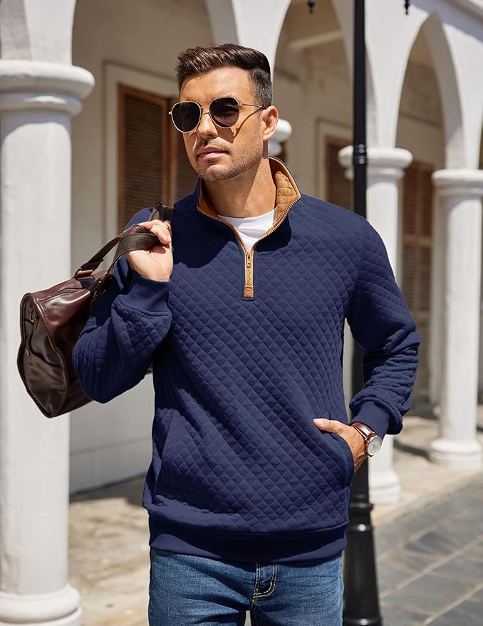 COOFANDY Mens Quarter Zip Pullover Quilted Sweatshirt Knit Long Sleeve Mock Neck Sweater Polo with Pocket