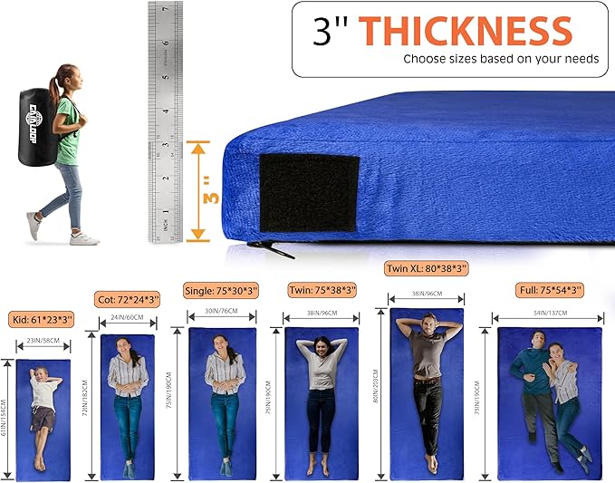 3 Inch Memory Foam Camping Mattress, Dual Layer Thick Sleeping Camp Pad for Car Tent Cot, Roll-Up Portable Glamping Floor Bed for Guests Sleepover