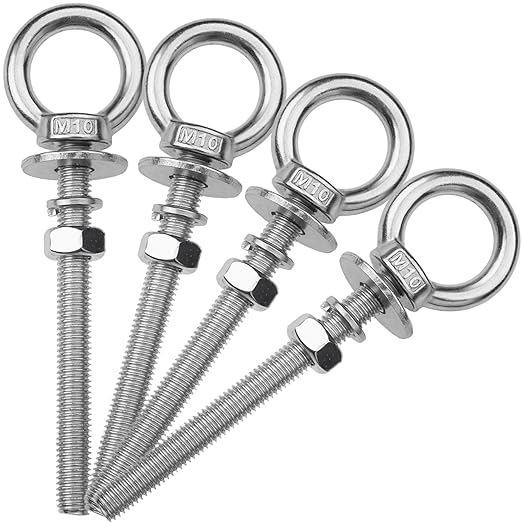 4 Pack M10 Stainless Steel Eye Bolts with Nuts, 3/8" x 4" Long Lifting Ring Eye Bolt， Eye Bolts Heavy Duty for Hang Tie Down Outdoor (4, M10x102mm (3/8"x4"))