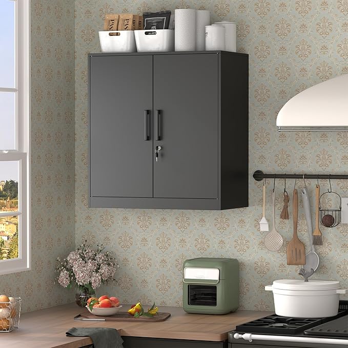 Metal Wall Cabinet,Garage Wall Cabinet with Handle,Lockable Storage Cabinets Wall Mounted with 2 Doors,Locking Cabinet with Shelves for Basement,Living Home,Black